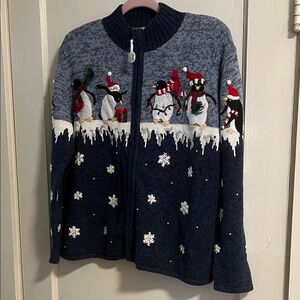Women's Vintage 2003 Navy Penguin Christmas Holiday  Cardigan Sweater L